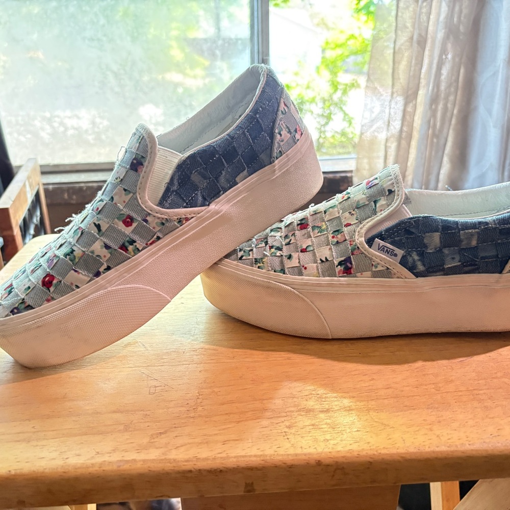 Vans Blue and White Woven Slip-On Shoes